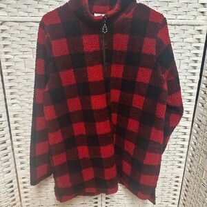 Quacker Factory Jacket Women Medium Red Black Fleece 1/4‎ Zip Pullover Pockets